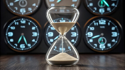 Hourglass with flowing sand is placed on wooden surface in front of multiple analog clocks, symbolizing passage of time and urgency