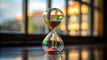 Hourglass with pink sand on reflective surface near window light, symbolizing time passing with warm and calm atmosphere in background