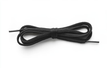 Black shoelaces, tied in a knot, against a white background