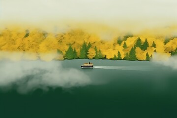 Fototapeta premium Boat on a misty lake, surrounded by autumnal trees with yellow and gold foliage. The water is dark teal, and the overall atmosphere is serene and tranquil. Soft, diffused light suggests a calm