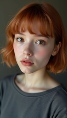 close-up cinematic portrait of a 20 year old woman with a micro fringe haircut