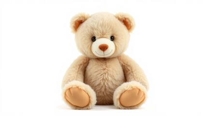 Obraz premium Adorable Beige Teddy Bear Sitting on White Background Studio Shot of Plush Toy