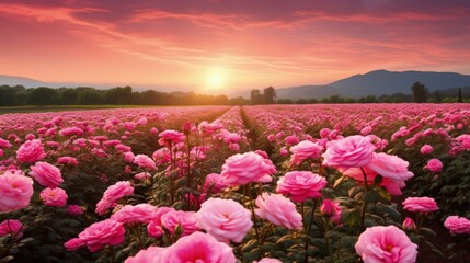 Fototapeta premium Close Pink Rose Field At Warm Sunrise