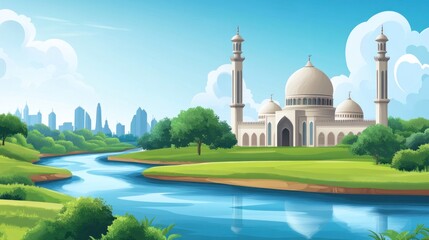Obraz premium Serene Mosque by the River: A Peaceful Oasis in the City