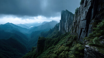 Misty mountain landscape with steep cliffs and dense green forest under moody cloudy sky creating dramatic and mysterious atmosphere in nature