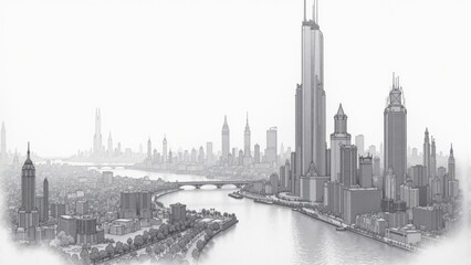 City Skyline Pencil Sketch, River View