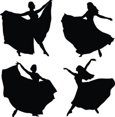 Dancers in Motion Silhouettes – Black and White Vector Illustration of Female Figures in Graceful Dance Poses, Minimalist Art, Stylized Movement, and Contemporary Design