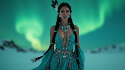 Fototapeta premium Woman Wearing Turquoise Dress Under Aurora