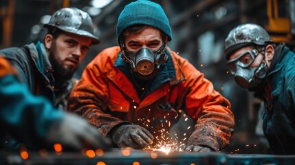 Focused industrial workers welding