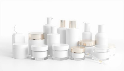 Elegant White Cosmetic Products Arrangement: Skincare Jars, Bottles, and Containers on White Background