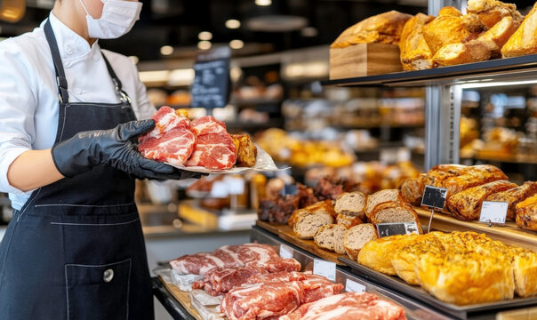 Fresh Meat Display in a Modern Butcher Shop with a Worker in Apron and Gloves Holding a Plate of Various Cuts and Breads in Background