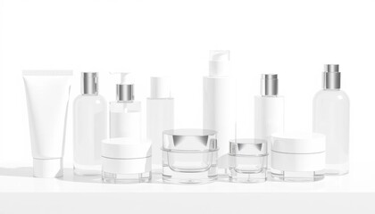 Elegant Skincare Product Mockup: White Bottles and Jars on White Background