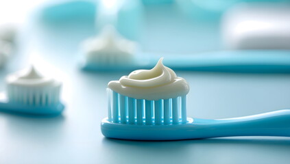 Close-up of Light Blue Toothbrush with Toothpaste