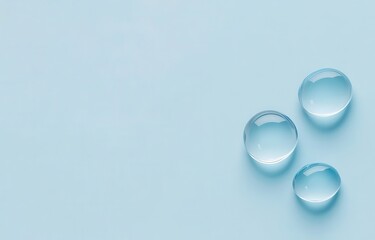 Three clear water droplets on a light blue surface