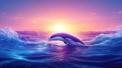 Fototapeta premium Majestic cetacean dance an artistic rendition of a dolphin leaping from waves against a serene sunset sky showcasing freedom vitality wonder