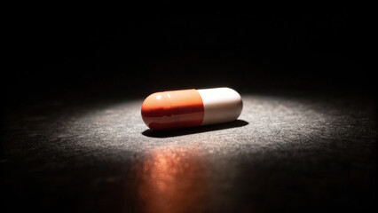 Single red and white capsule pill illuminated by soft spotlight on dark textured surface, creating symbolic and focused medical concept with high contrast and shadow