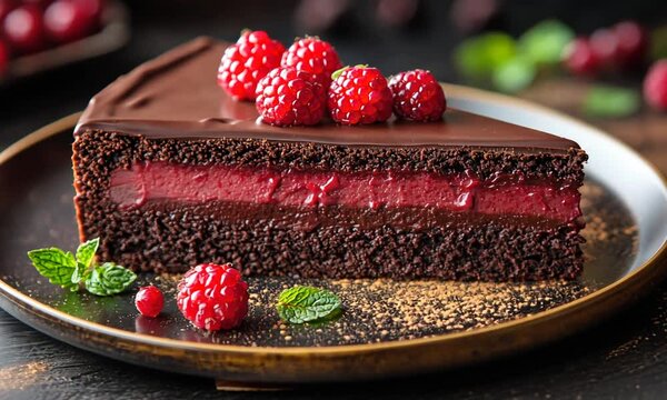 A decadent chocolate raspberry cake slice on a dark wooden table with fresh berries and mint