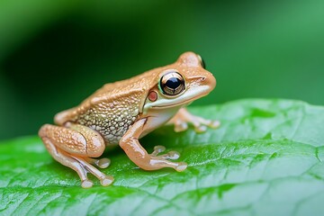 Obraz premium CloseUp Tan Frog on Green Leaf, Detailed Eye, Nature Amphibian Wildlife