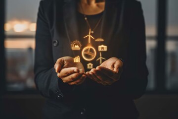 Hands holding icons representing sustainability and technology.