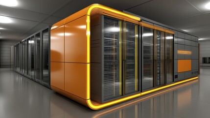 Obraz premium Modern data center with glowing servers illustrating efficient resource allocation via containerized applications - center high IT room