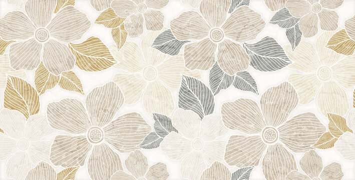 Bold and large neutral-toned floral illustration with overlapping petal and leaf textures forming a dense garden.