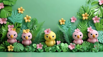 Fototapeta premium Enchanting springtime scene featuring adorable chick figurines nestled amidst lush botanical elements and delicate flowers creating a whimsical and joyful atmosphere