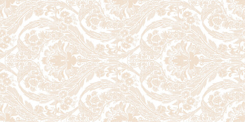 Vintage damask floral wallpaper with a repeating golden-beige motif on textured white.
