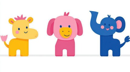 Naklejka premium Charming animal companions illustration features endearing giraffe pig and elephant characters designed with simplistic modern shapes perfect for various creative endeavors