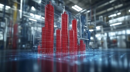 Red geometric data visualization structures are in a factory setting