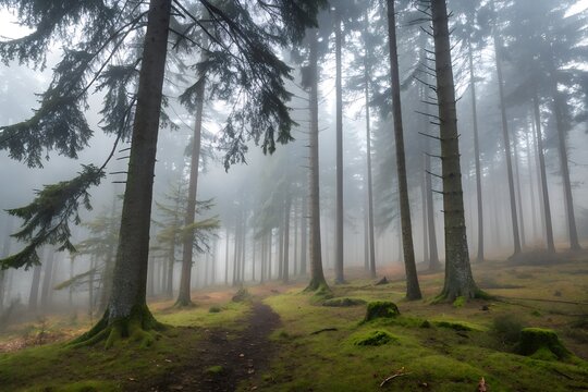  foggy forest with tall pine trees.