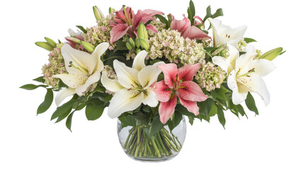 Obraz premium Charming floral arrangement featuring lilies and hydrangeas in pastel colors, presented in a clear glass vase.