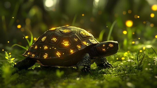 46. Small, turtle-like creature with glowing shell patterns, crawling in a soft, grassy area