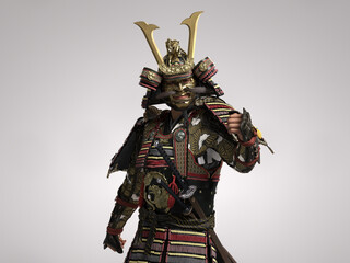 Samurai warrior wearing intricate traditional armor and helmet, isolated on a gray background.