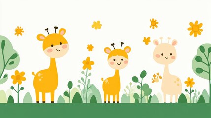 Fototapeta premium Whimsical Giraffe Family in Pixel Art Style with Floral Accents and Greenery for Nursery Decor and Children's Illustrations or Backgrounds