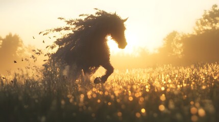 Naklejka premium 70. Magical horse-like creature with flowing mane, galloping through an open meadow at dusk
