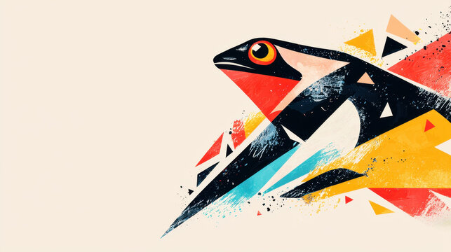 An abstract illustration of a vibrant poison dart frog with colorful geometric shapes and copy space providing a striking composition in a zero degree angle shot.
