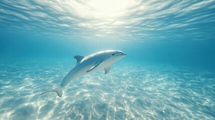 Obraz premium An enchanting underwater scene with a dolphin gracefully swimming in crystal-clear turquoise waters illuminated by sunlight filtering from the surface view beneath
