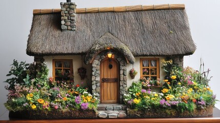 Enchanting Miniature Thatched Cottage Nestled in a Vibrant Flower Garden