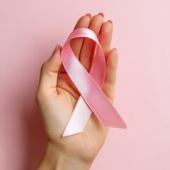 Pink ribbon in hand for breast cancer awareness 