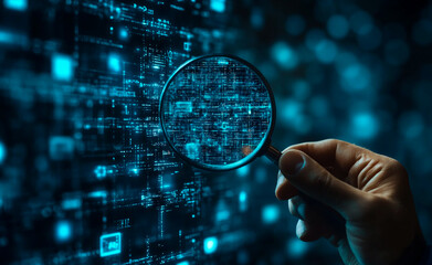 A hand holding a magnifying glass over a document icon on a blue background