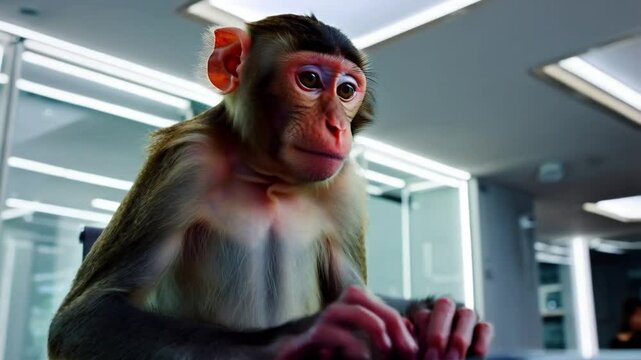 Monkey typing on a laptop in an office space
