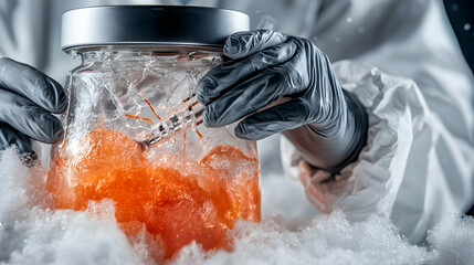 Image depicts hands wearing gloves holding a jar containing orange substance and a syringe surrounded by snow. It could be for a science fiction poster or a medical concept.