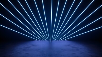The image shows numerous bright blue neon lights emanating from a central point on a dark floor, creating a radiating pattern.