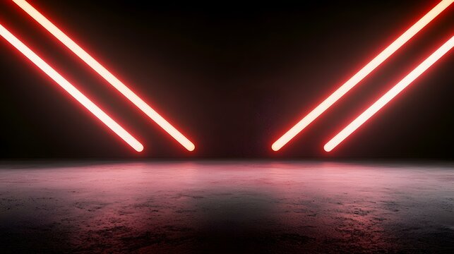 The image contains two parallel bright red neon lights angled downward toward a dark, textured floor.