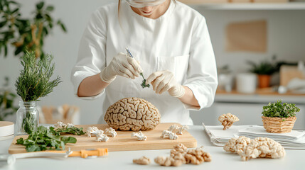 A person in a lab coat works with a brain model and herbs. This could be used for educational purposes like neuroscience or medicine.
