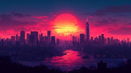 City skyline at vibrant sunset artwork