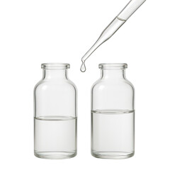 Fototapeta na wymiar Scientific precision A glass dropper delivers a liquid drop between two clear laboratory bottles filled with solution.
