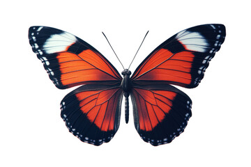 Fototapeta premium Digitally manipulated image of a butterfly with vibrant colors and a glitch effect. The butterfly's wings display an orange and black pattern, contrasted with white.