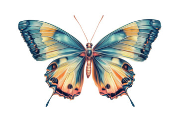 Digitally rendered, colorful butterfly graphic displays detailed wings with a variety of shades of blue, orange, yellow, and gold, creating a striking aesthetic.