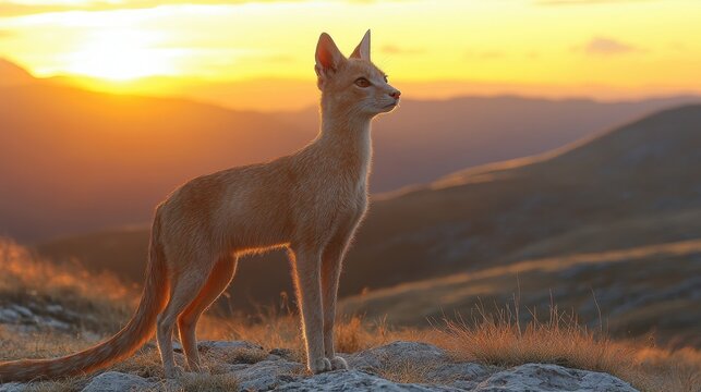 A beautiful Ethiopian wolf standing gracefully against a backdrop of a vibrant sunset and rolling hills creating a captivating scene of natural beauty